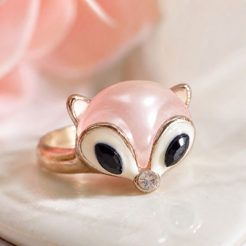 Pink Fox Face Ring, Gold Tone Enamel Animal Ring, Cute Woodland Jewelry